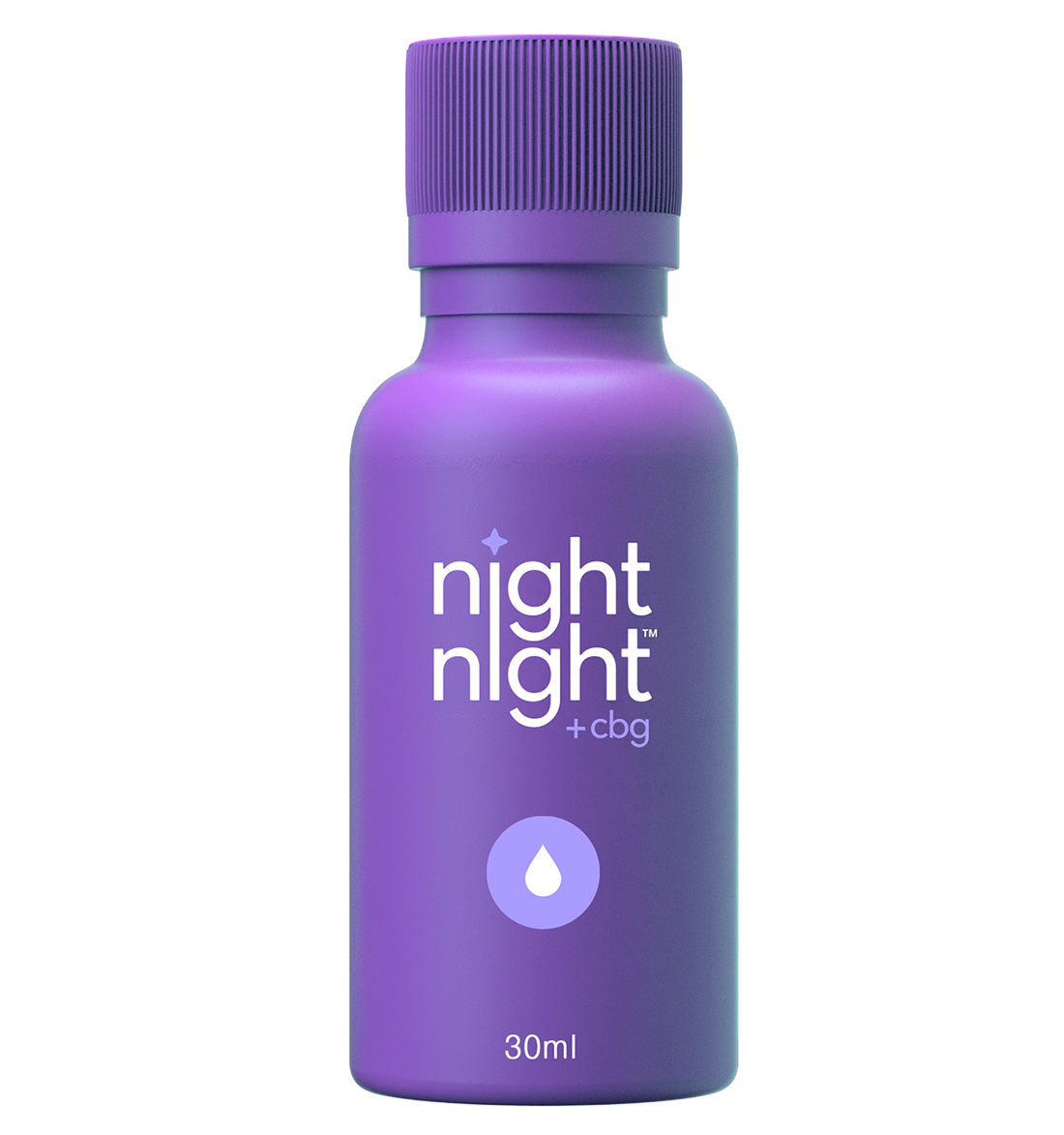 Purple bottle. Nightnight + cbg. 30ml. Purple drop icon.