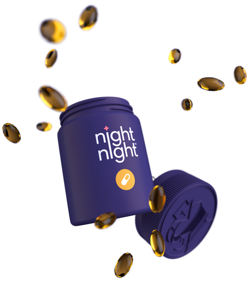 Purple bottle labelled nightnight. Orange capsule icon.
